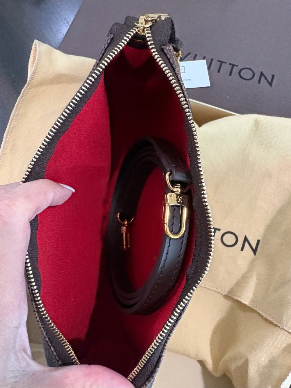 Louis Vuitton Eva Brown Damier Ebene Chain Wristlet Clutch with Gold Plaque